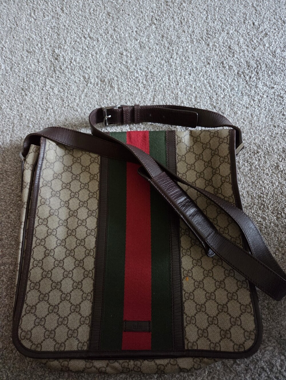 Gucci Brown Leather Authentic Messenger with Green-Red Web Stripe and GG Canvas